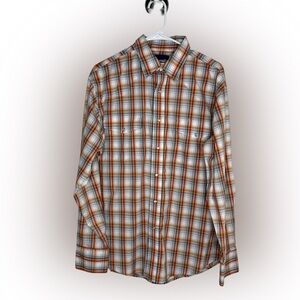 WRANGLER Men's L Orange Gray Plaid Long Sleeve Pearl Snap Western Shirt
